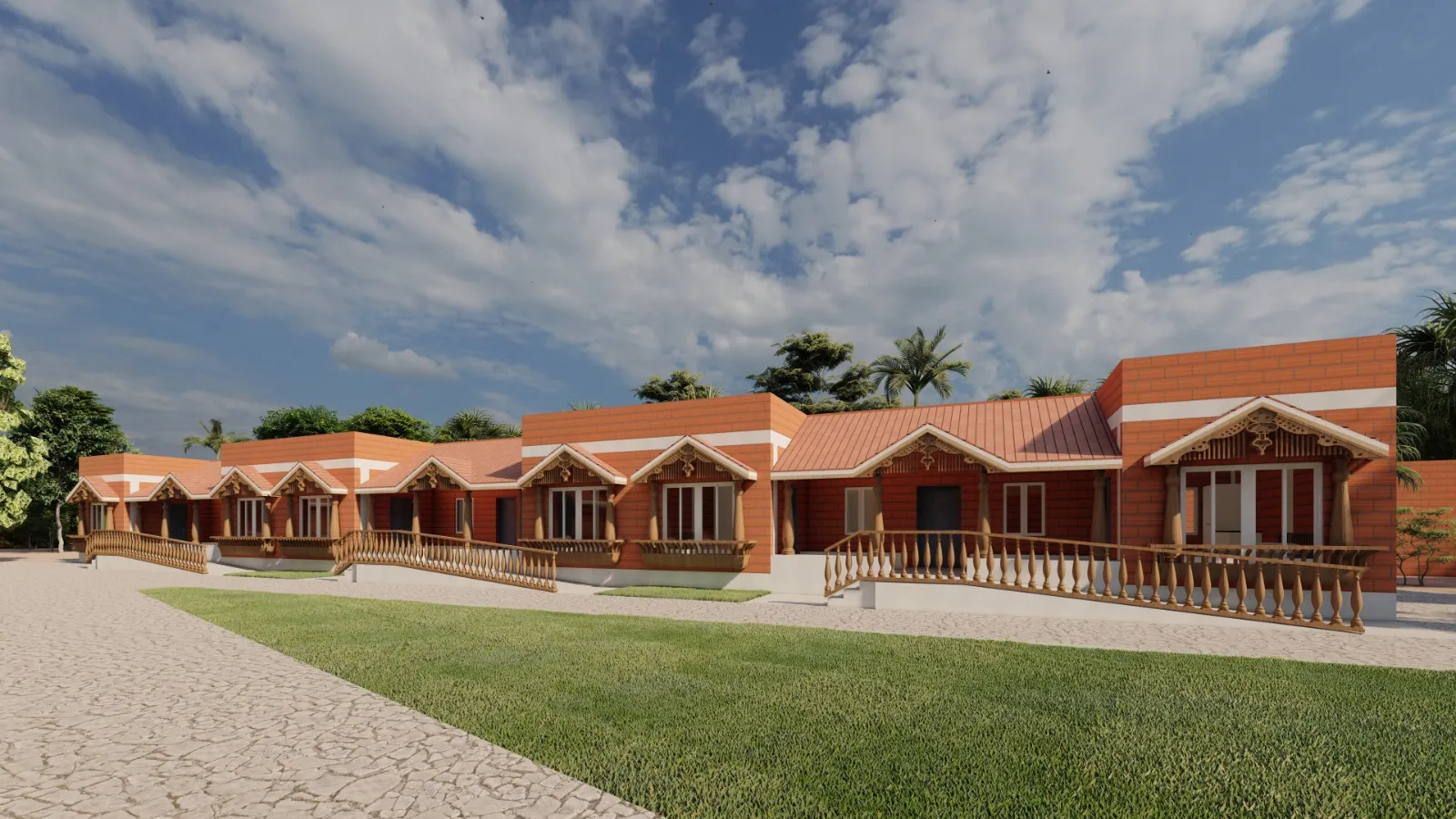 Exterior view of accommodation blocks surrounded by landscaped gardens at Aran Senior Living