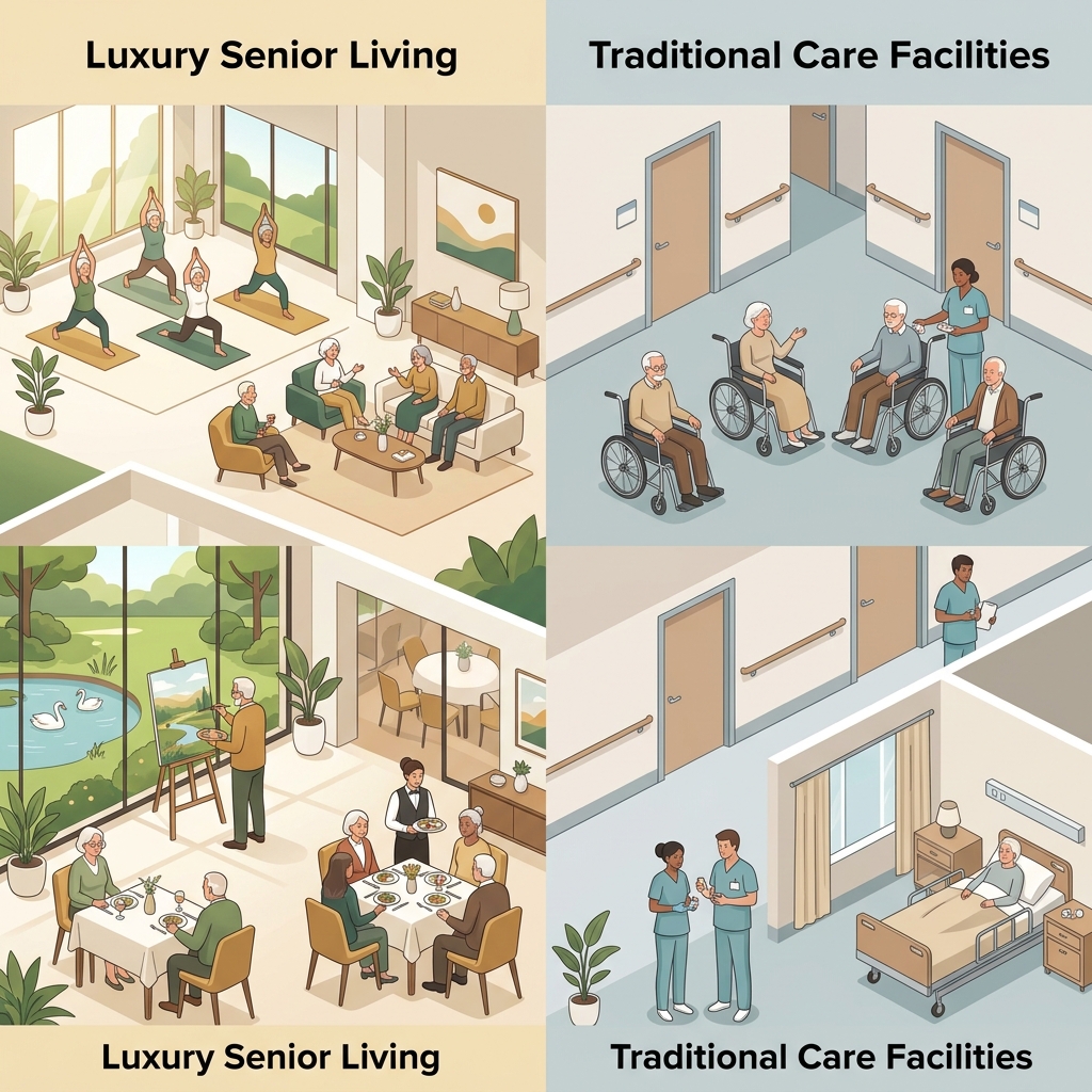 Digital illustration comparing luxury senior living with traditional care facilities