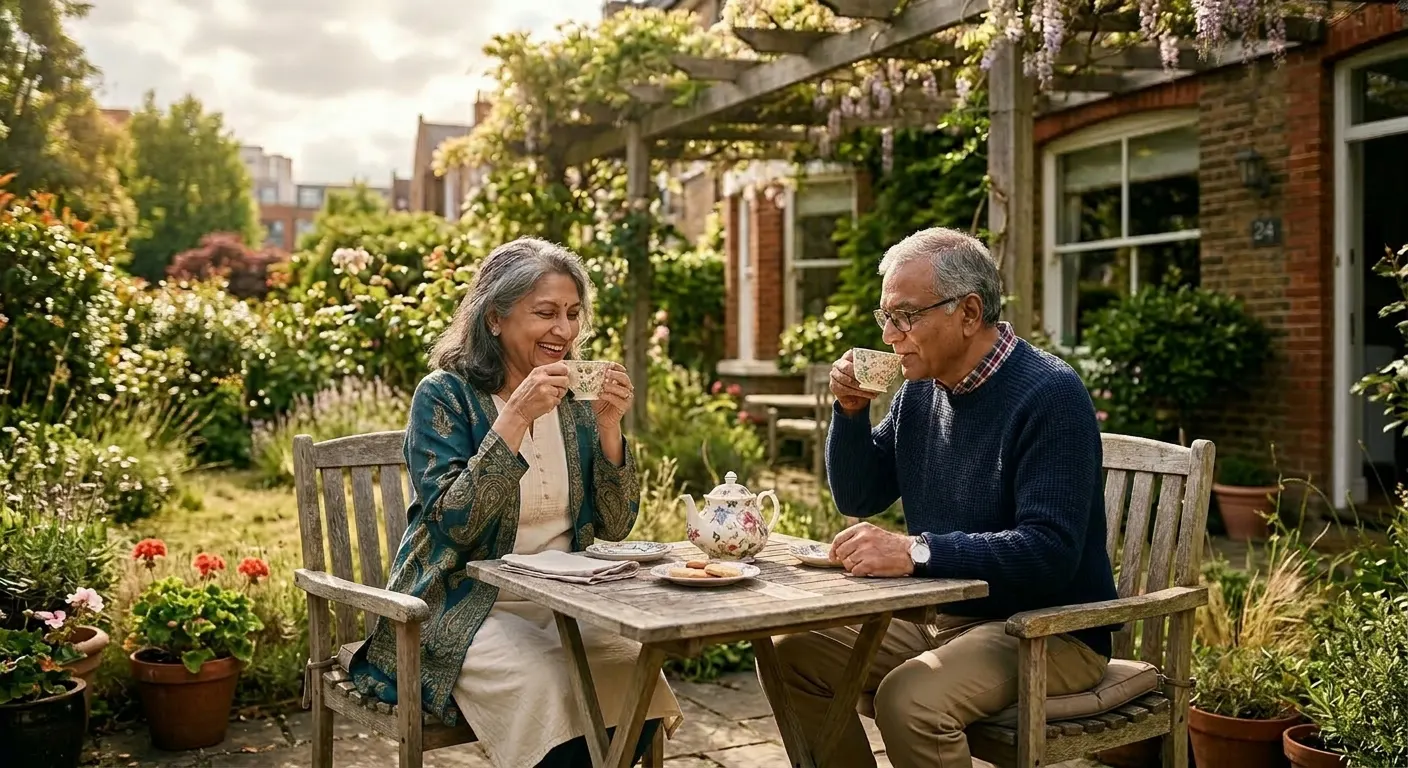 A minimalist luxury senior living resort in Coimbatore at sunrise, with a clean architectural ramp and the Velliangiri mountains in the background.